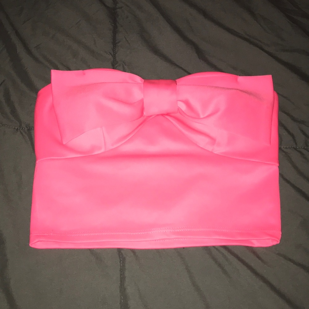 Neon pink crop bandeau bow tube top